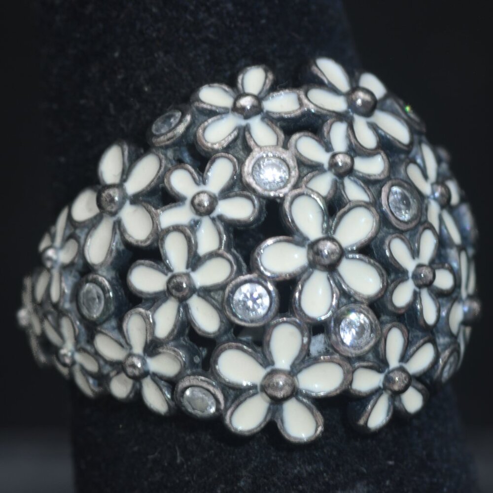 Pandora - Vintage Sterling Silver CZ Floral Dome Ring - Size 6